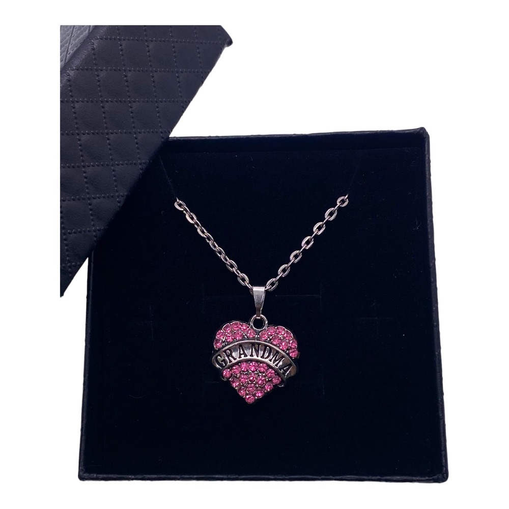 Pink Rhinestone Cubic Zirconia Gemstone Grandma Heart Necklace Gift Box
